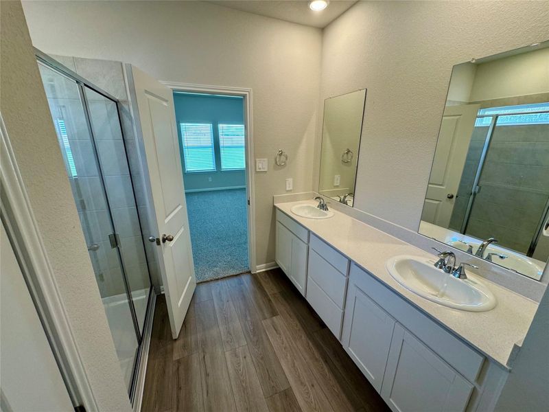 Bathroom featuring double vanity, a shower stall, and wood finished floors Bathroom featuring double vanity, a shower stall, and wood finished floors