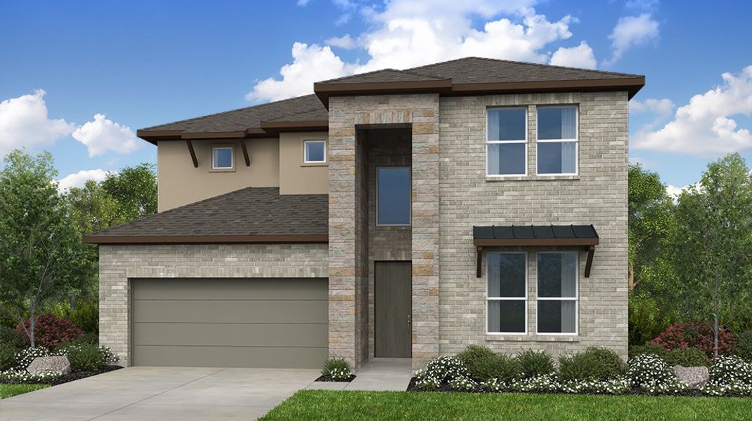 Representative exterior photo of a completed home built from the Balcones by Taylor Morrison in Silverleaf 50s, Cedar Creek, TX (Image 4). Representative exterior photo of a completed home built from the Balcones by Taylor Morrison in Silverleaf 50s, Cedar Creek, TX (Image 4).