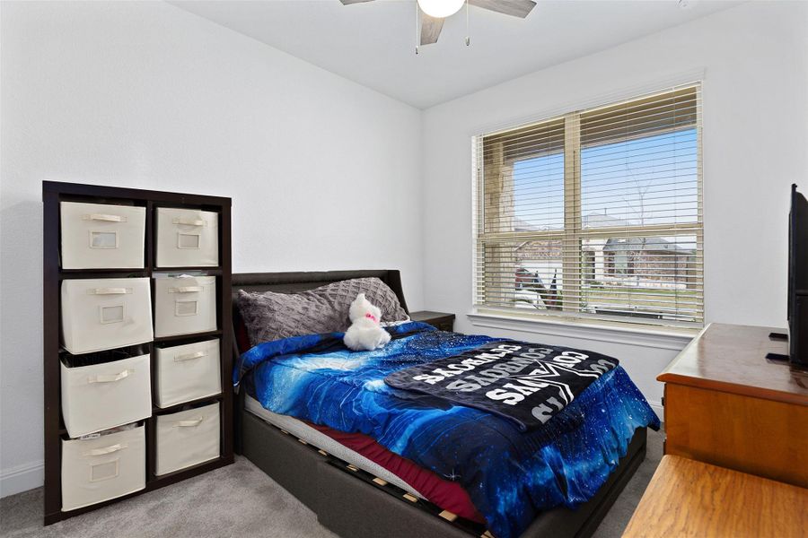 Carpeted bedroom with ceiling fan and baseboards