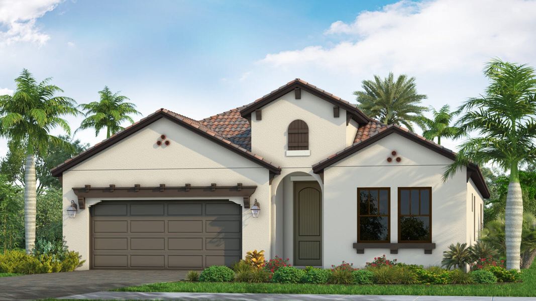 Front exterior of a new home in SkySail Real Estate and Homes for Sale in Naples, FL - Neal Communities, Naples, FL, highlighting curb appeal (Image 2).