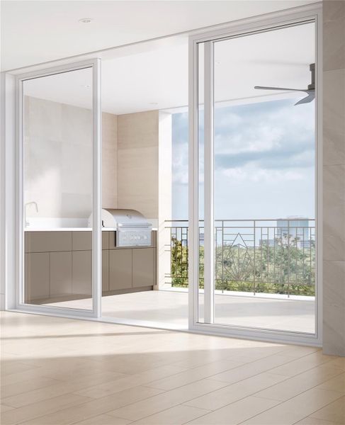 Artist Rendition highlighting Expansive Sliding Glass Doors Open to a Private Balcony Featuring an Outdoor Kitchen Setup and Seamless Indoor-Outdoor Living