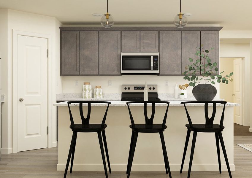 Rendering of a kitchen with grey  cabinetry and stainless steel appliances.