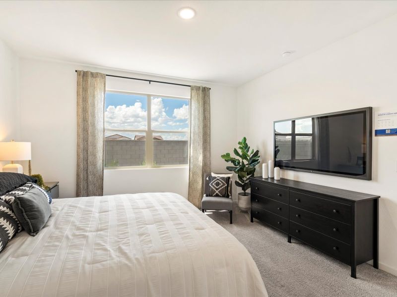 Primary Bedroom Shot of Bennett Floorplan modeled at Villas at The Lakes at Rancho El Dorado