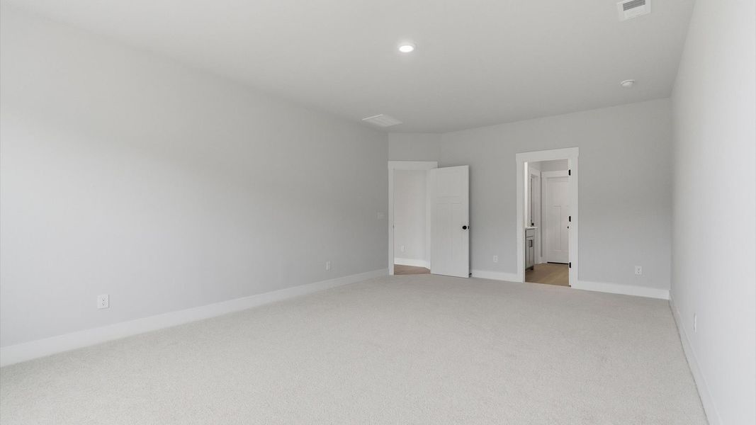 Superior design meets vibrant comfort in this primary suite with carpeted floors and walk-in closet