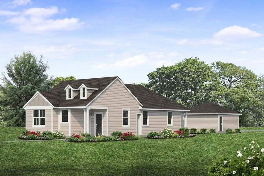 Rendering of one story two-toned tan home with black door and detached garage with sky and landscaping Rendering of one story two-toned tan home with black door and detached garage with sky and landscaping