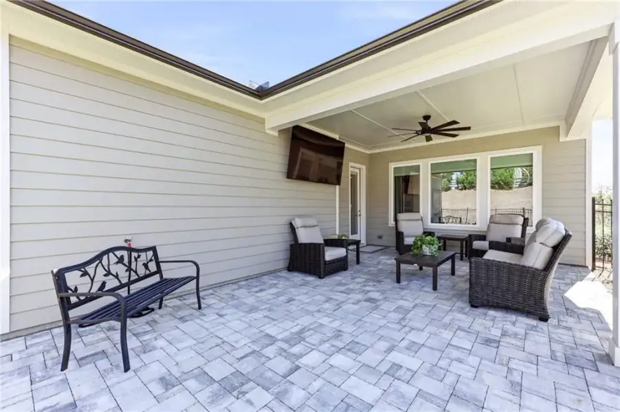 Exterior details and patio area of a home in The Retreat at Sterling on the Lake 48', Flowery Branch (Image 24).