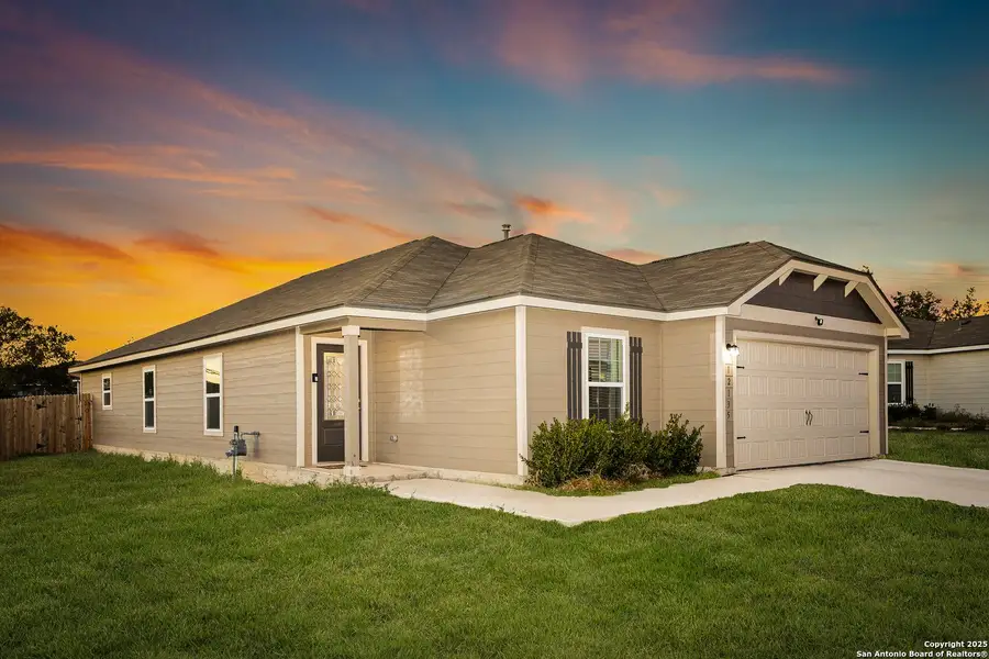 Front exterior of a new home in Luckey Ranch, San Antonio, TX, highlighting curb appeal (Image 1).
