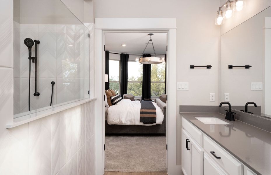 Owner's bathroom with double vanity, tile floors and optional walk-in shower
