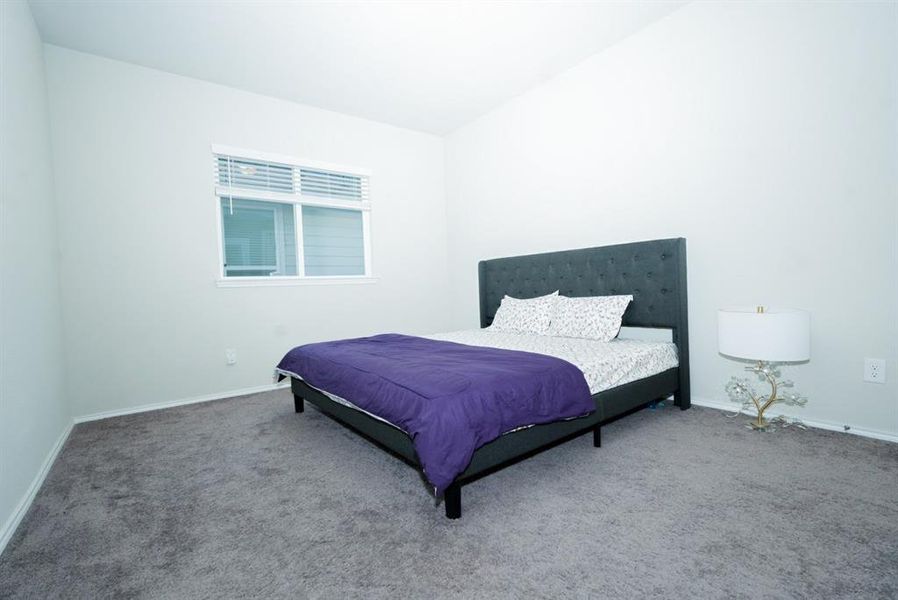 Carpeted bedroom featuring vaulted ceiling