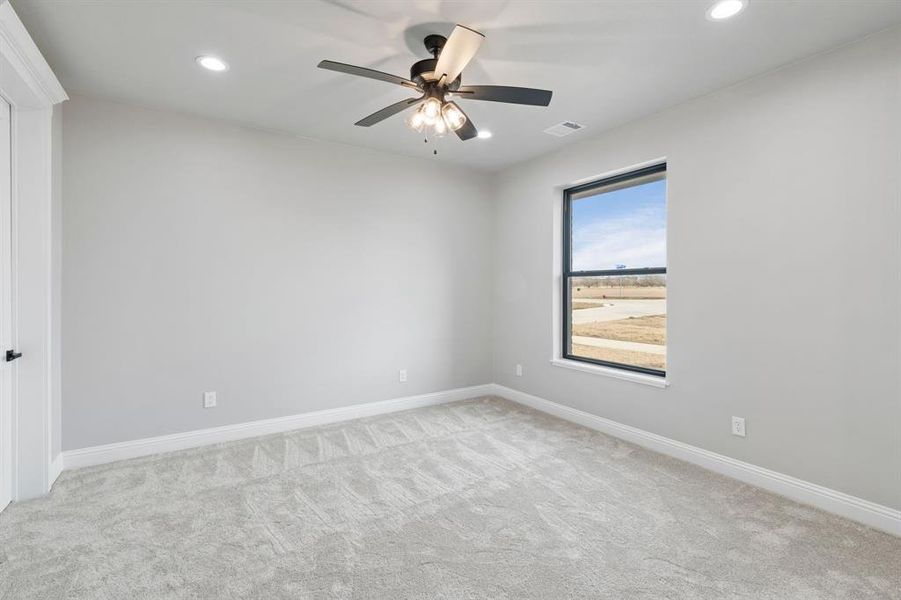 Carpeted spare room with ceiling fan
