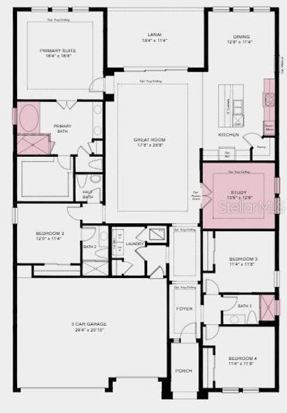 Structural options added include: tray ceiling package, gourmet kitchen, study in place of flex, and a bathtub in the primary bath.