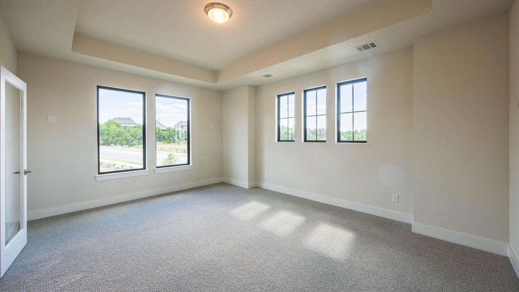 Unfurnished room with a tray ceiling, healthy amount of natural light, and light carpet Unfurnished room with a tray ceiling, healthy amount of natural light, and light carpet