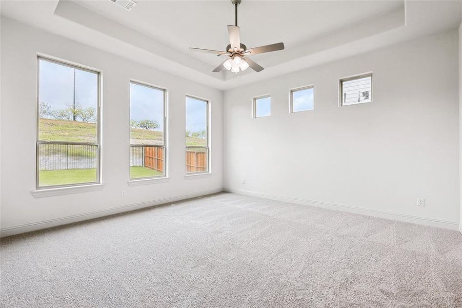 Unfurnished room with ceiling fan, a tray ceiling, and carpet floors