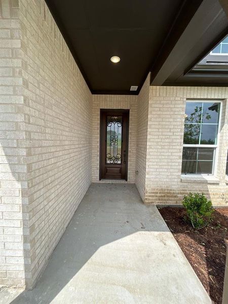 Front entry featuring light-colored brick facade, a dark wood-finish door with decorative glass and ironwork, and an overhead recessed light