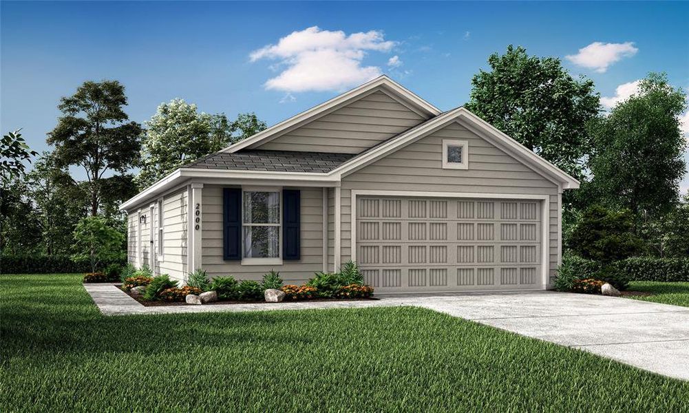 View of front of property with a garage and a front yard