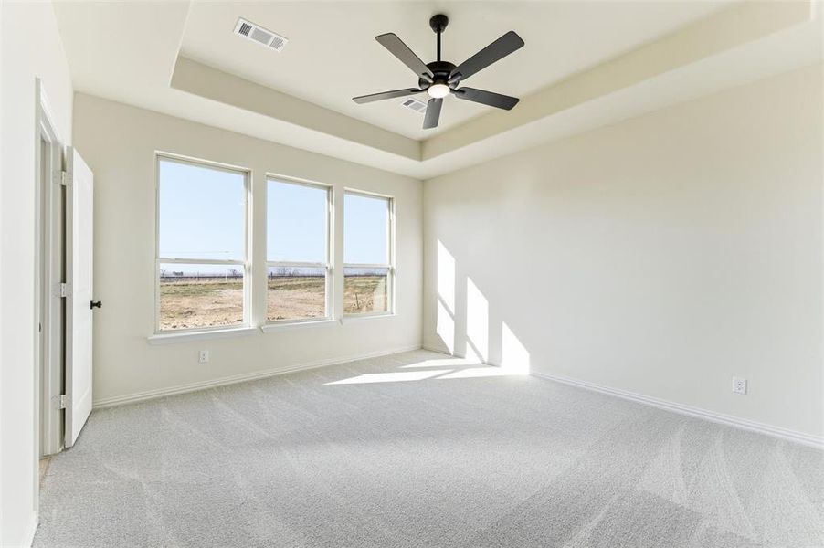 Spare room featuring a tray ceiling, light carpet, and a ceiling fan