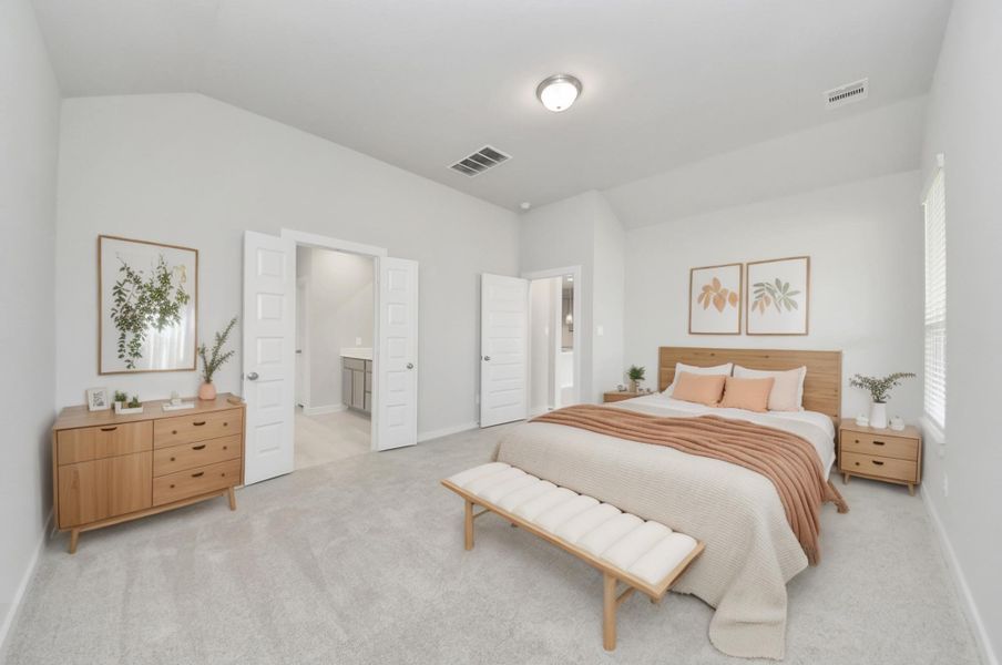 Virtually Staged - Primary bedroom. Sample photo of completed home with similar floor plan. Actual colors and selections may vary.