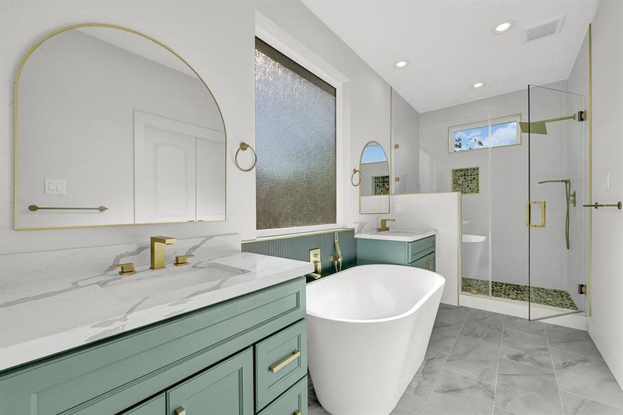 Shower room features a bench