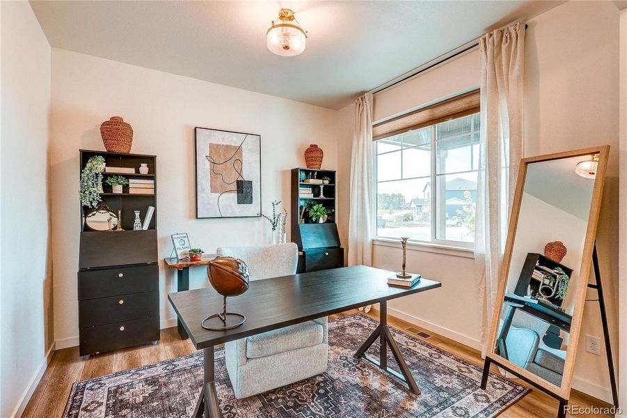 Just off the entry, a dedicated office provides the ideal space for working from home or tackling homework Just off the entry, a dedicated office provides the ideal space for working from home or tackling homework