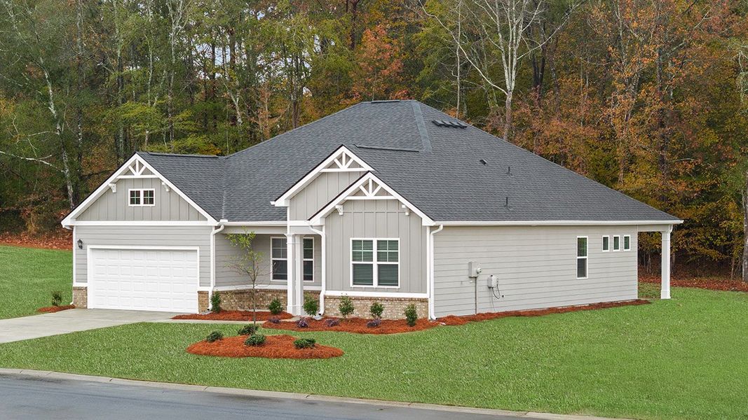 Representative exterior photo of a completed home built from the GROVER Express by D.R. Horton in Kingston Ranch at Lake Oconee, Buckhead, GA (Image 22). Representative exterior photo of a completed home built from the GROVER Express by D.R. Horton in Kingston Ranch at Lake Oconee, Buckhead, GA (Image 22).