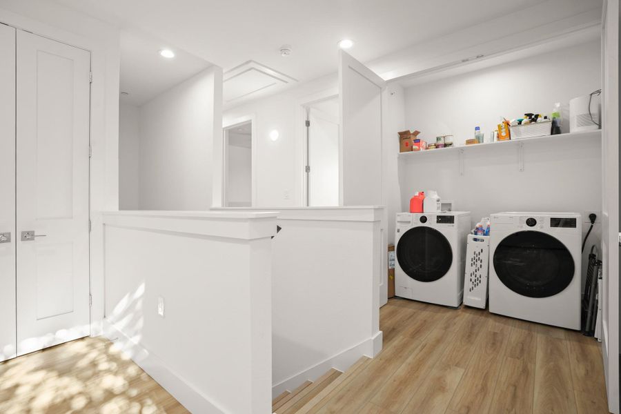 The in home laundry closet is situated upstairs for easy access to the secondary bedrooms. The in home laundry closet is situated upstairs for easy access to the secondary bedrooms.