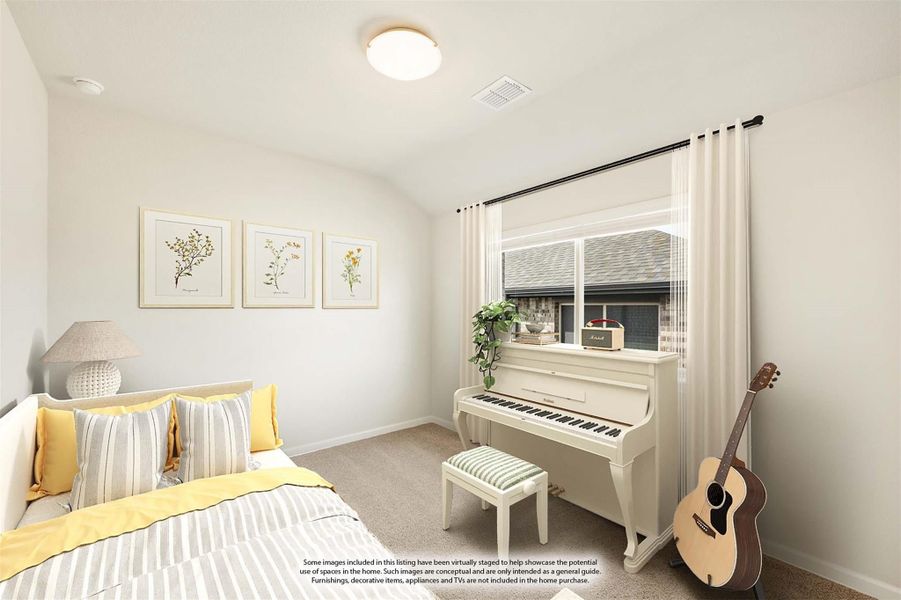 Bedroom with vaulted ceiling, white upright piano, acoustic guitar, and yellow accent bedding on carpet flooring Bedroom with vaulted ceiling, white upright piano, acoustic guitar, and yellow accent bedding on carpet flooring