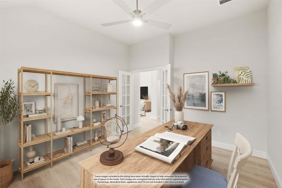 Home office with wood desk, open shelving unit, ceiling fan, and French doors leading to hallway Home office with wood desk, open shelving unit, ceiling fan, and French doors leading to hallway