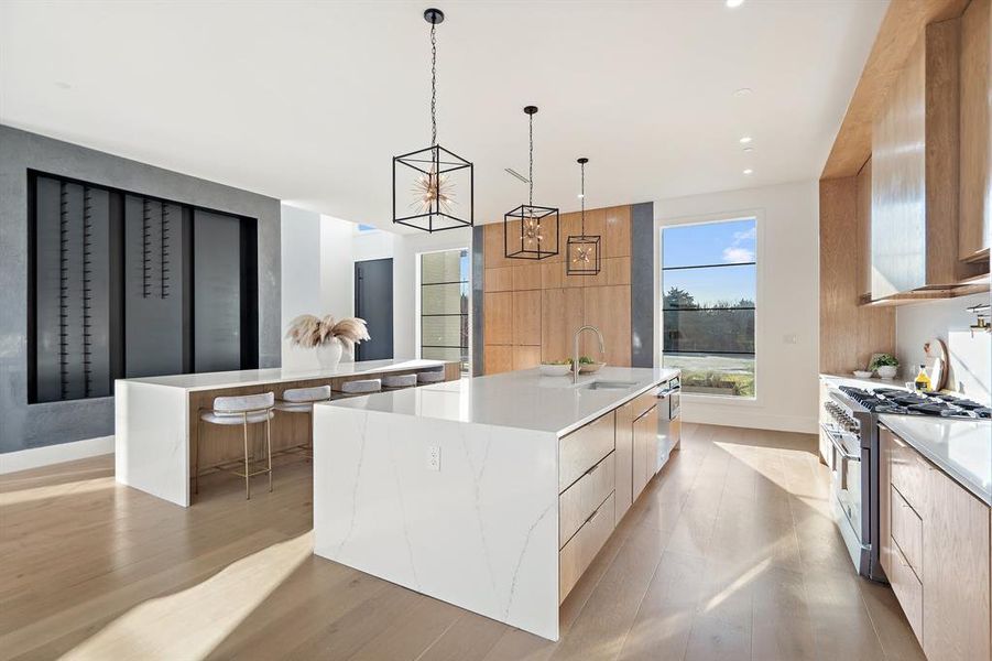 Kitchen with stainless steel appliances, sink, light hardwood / wood-style flooring, hanging light fixtures, and a large island