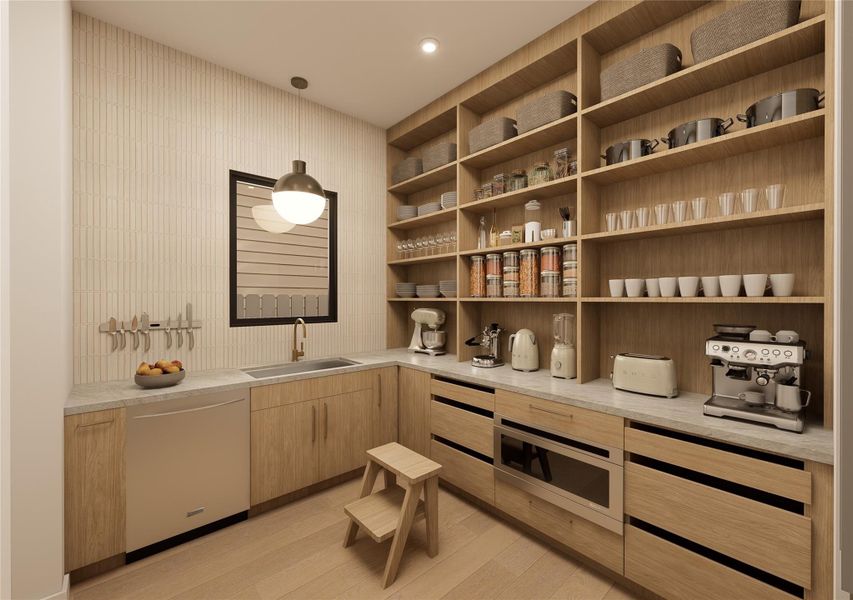 A designer’s answer to everyday function, this thoughtfully appointed back kitchen pairs textured tile with warm custom cabinetry and expansive open storage. From morning espresso rituals to holiday meal prep, every tool and ingredient has its place—keeping the main living areas effortlessly pristine. A designer’s answer to everyday function, this thoughtfully appointed back kitchen pairs textured tile with warm custom cabinetry and expansive open storage. From morning espresso rituals to holiday meal prep, every tool and ingredient has its place—keeping the main living areas effortlessly pristine.