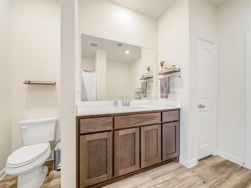 Bathroom with vanity, light wood finished floors, and a shower with curtain
