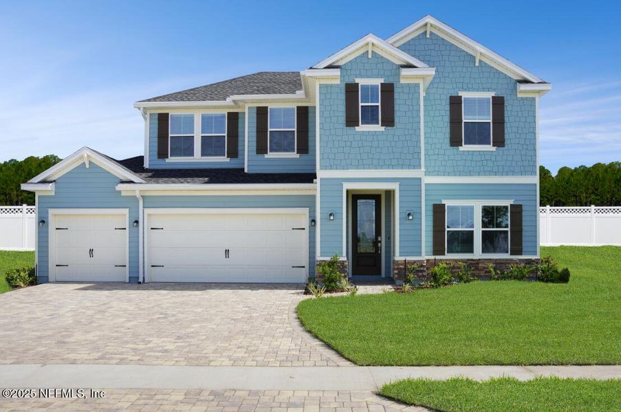 Front exterior of a new home in Silver Meadows at SilverLeaf: Silver Meadows 60s, St. Augustine, FL, highlighting curb appeal (Image 1). Front exterior of a new home in Silver Meadows at SilverLeaf: Silver Meadows 60s, St. Augustine, FL, highlighting curb appeal (Image 1).