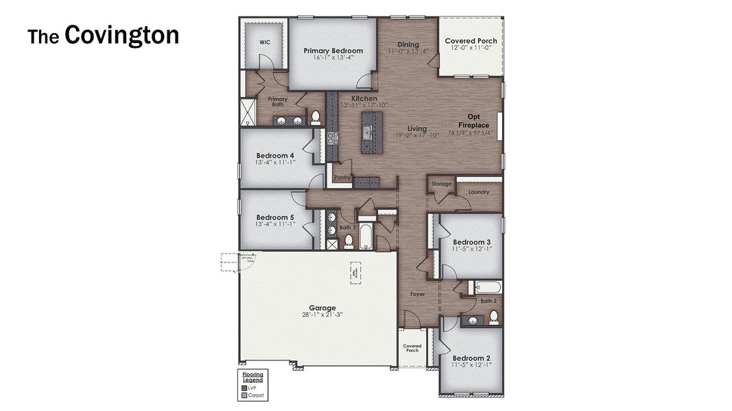 2D floor plan layout for the COVINGTON by D.R. Horton in Cedar Hill Landing, Navassa, NC (Image 3).