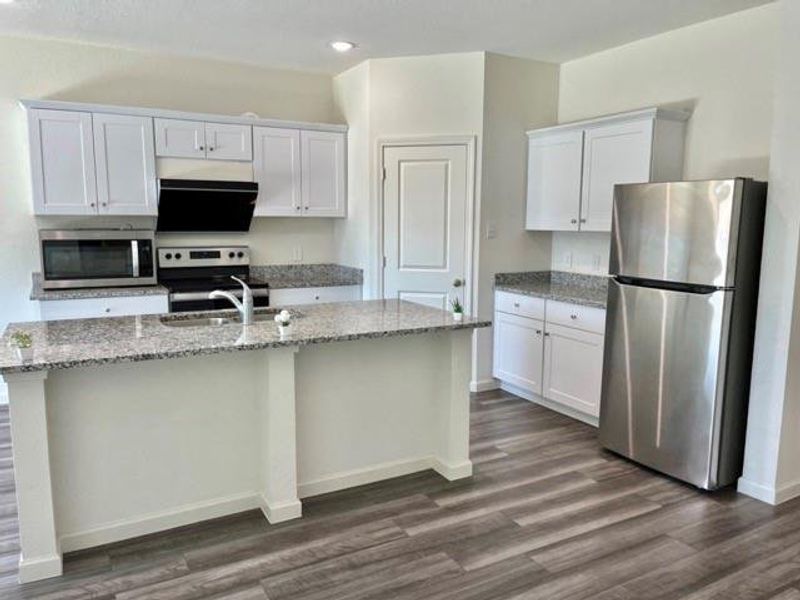 Kitchen with white cabinets, stainless steel appliances, and dark hardwood / wood-style flooring