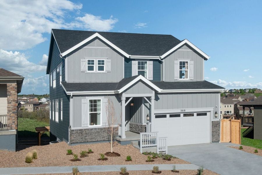 Front exterior of a new home in Terrain Oak Valley, Castle Rock, CO, highlighting curb appeal (Image 1). Front exterior of a new home in Terrain Oak Valley, Castle Rock, CO, highlighting curb appeal (Image 1).