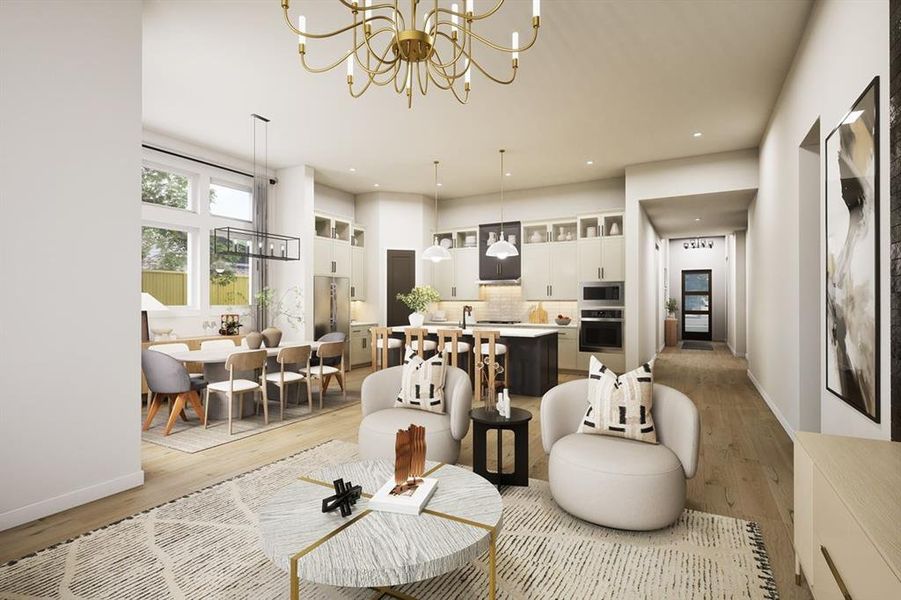 Living room with suspended lighting and light wood-style flooring Living room with suspended lighting and light wood-style flooring