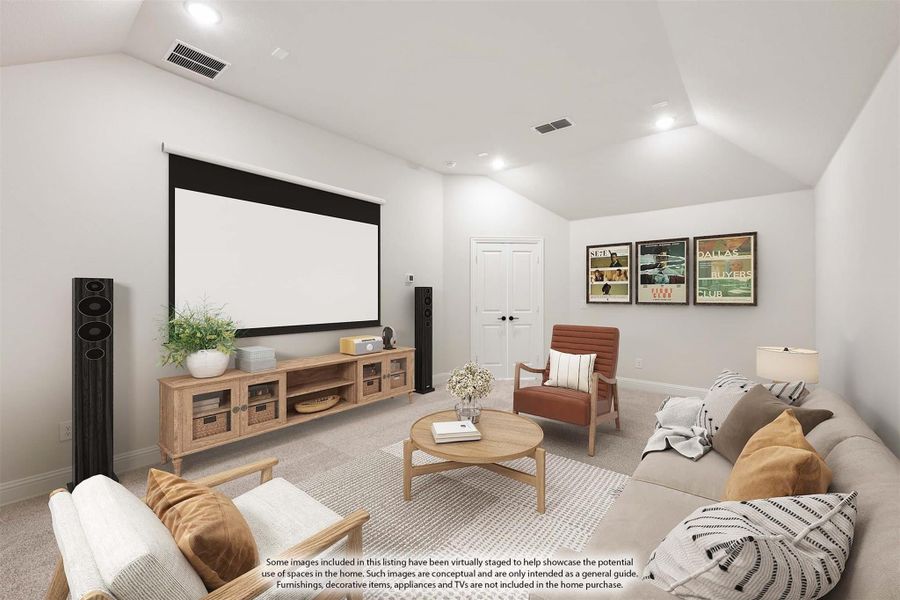 Media room with projector screen, tower speakers, sectional sofa, and vaulted ceiling