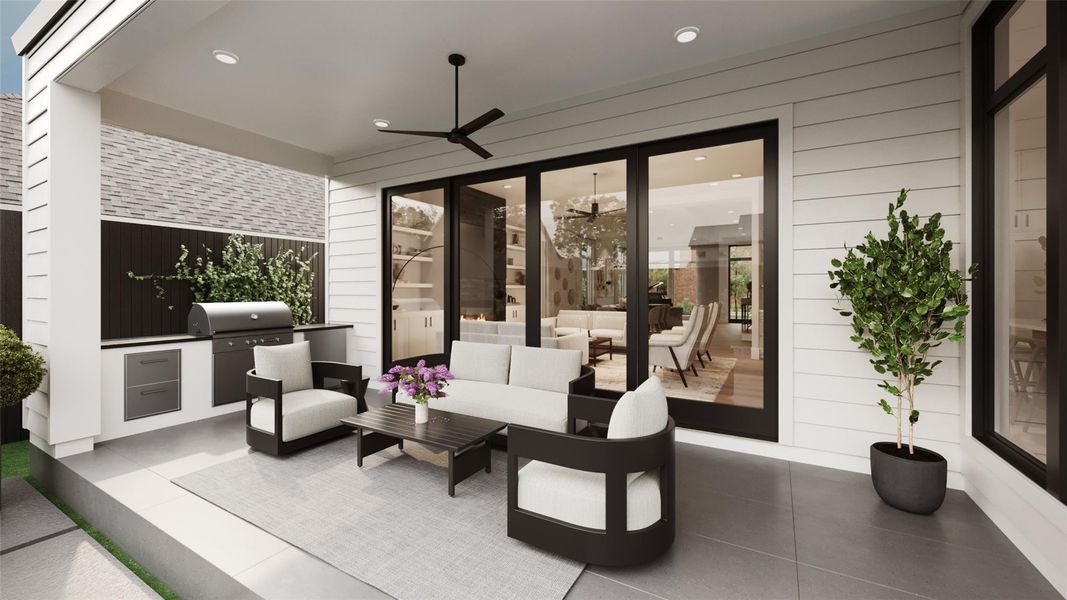 Covered Patio with an outdoor kitchen.  **This is an artists rendering and are subject to changes anytime during construction**