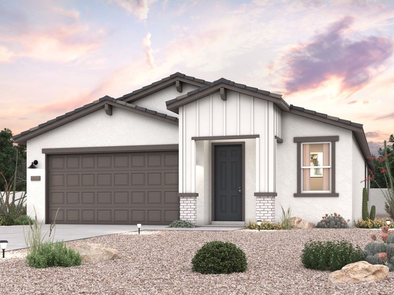 Rendering of front of new home for sale in San Tan, AZ with 2 car garage in the beautiful Skyline Village community with pool. Rendering of front of new home for sale in San Tan, AZ with 2 car garage in the beautiful Skyline Village community with pool.