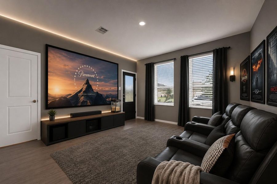 Guest suite virtually staged as a media room to showcase a comfortable space for movies and entertainment. Guest suite virtually staged as a media room to showcase a comfortable space for movies and entertainment.