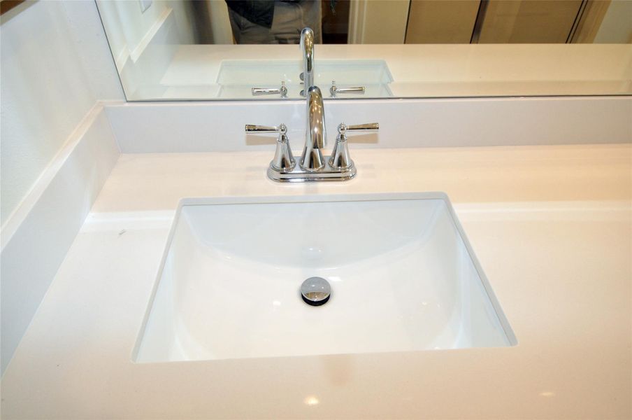 Limited edition porcelain undercounted sinks in bathrooms.