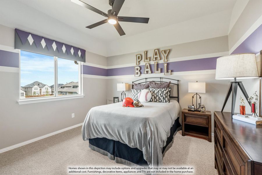 Kids bedroom with baseball theme, purple striped walls, ceiling fan, and carpeted floors Kids bedroom with baseball theme, purple striped walls, ceiling fan, and carpeted floors