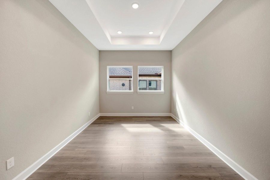 Study with treyed ceiling, low maintenance laminate flooring