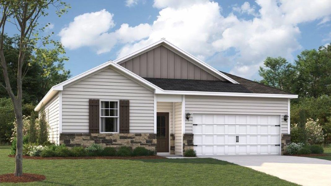 Front exterior of a new home in The Cove at Thrasher Landing, Hixson, TN, highlighting curb appeal (Image 1).