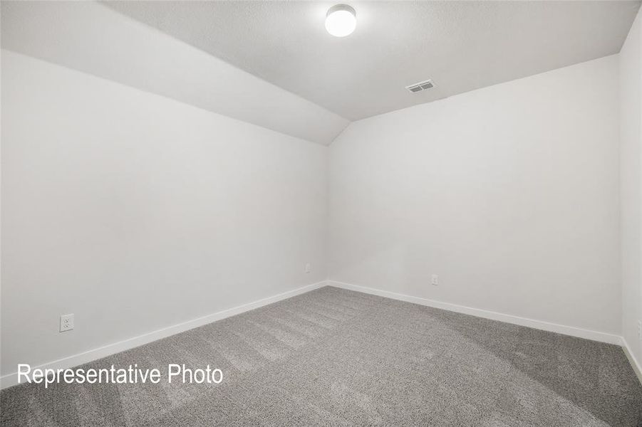 Unfurnished room featuring carpet flooring and vaulted ceiling