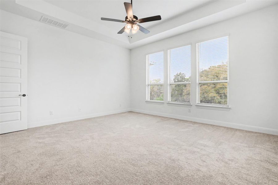 Unfurnished room with a tray ceiling, light carpet, and a ceiling fan