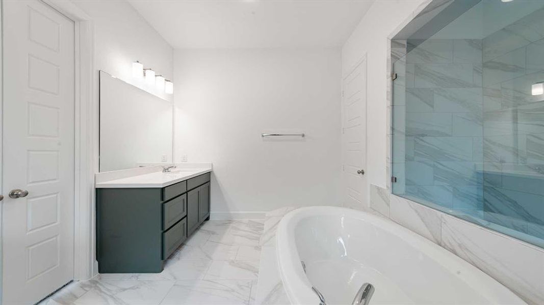 Bathroom featuring vanity and shower with separate bathtub