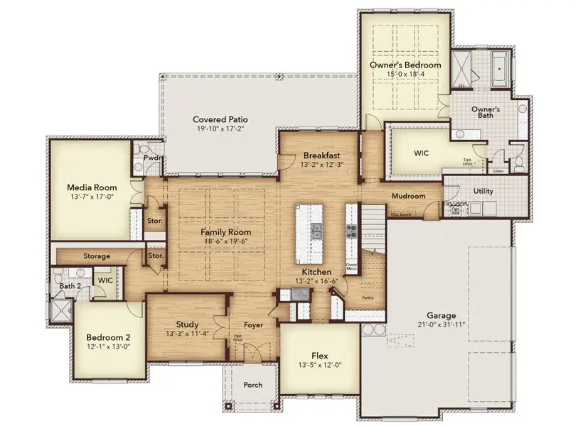 2D floor plan layout for the Jefferson by Kindred Homes in Discovery Lakes, Rockwall, TX (Image 3).