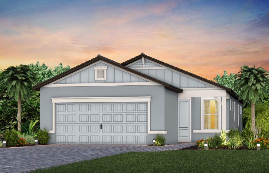 Front exterior of a new home in Explore North River Ranch, Parrish, FL, highlighting curb appeal (Image 1). Front exterior of a new home in Explore North River Ranch, Parrish, FL, highlighting curb appeal (Image 1).