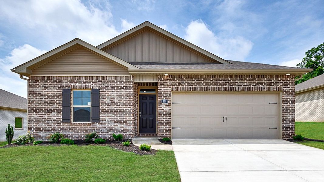 Front exterior of a new home in Huntington Estates, Millington, TN, highlighting curb appeal (Image 1).