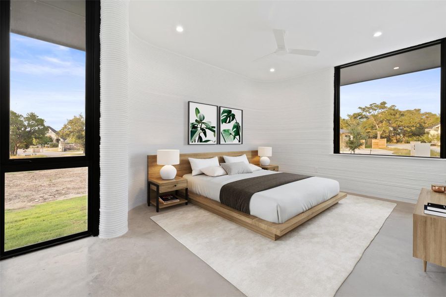 Bedroom featuring concrete floors, recessed lighting, a ceiling fan, and access to exterior